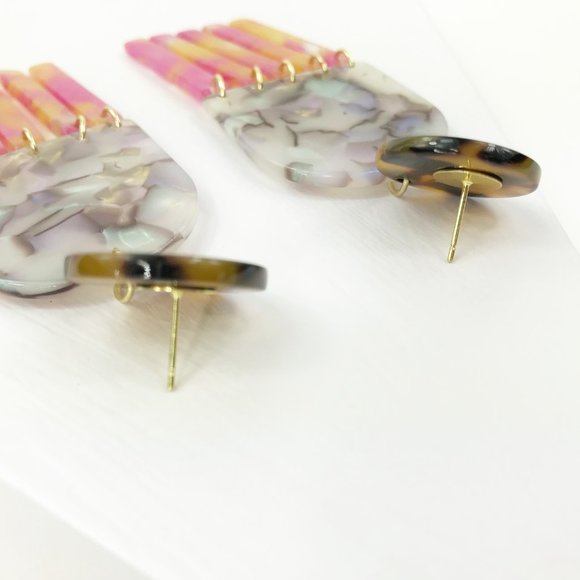 Gray Tab & Fringe Earrings w/ Pink & Yellow Fringe - Picture 6 of 7